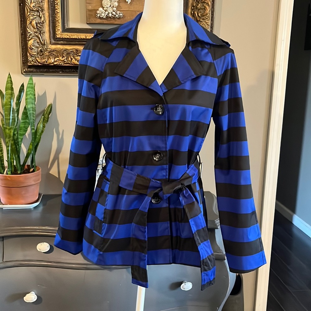 Sandro Women’s Royal Blue and Black Striped Belted Jacket Size Medium